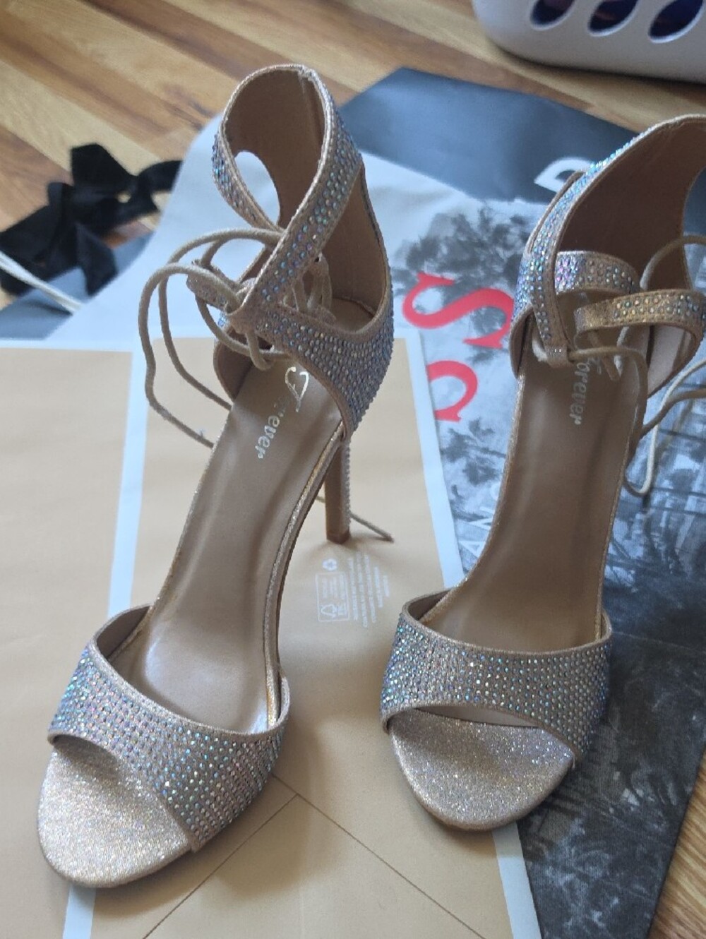Women’s Sparkle Open-Toe High Heels with Ankle Tie - Champagne - Picture 2 of 5